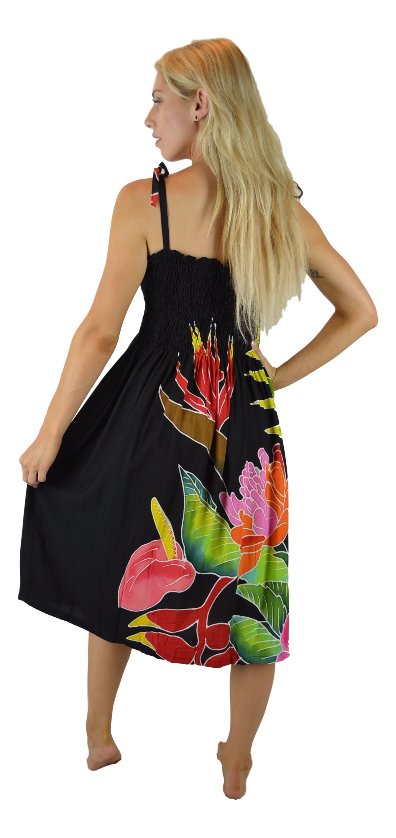 Elastic Smocked Dress - E3-122 - Black Tropical Bouquet
