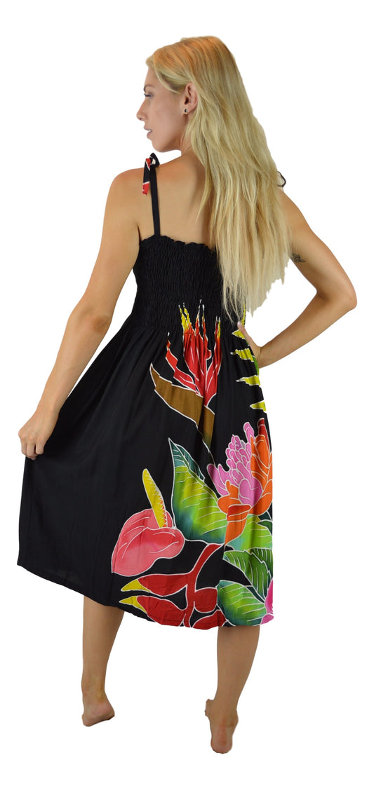 Elastic Smocked Dress - E3-122 - Black Tropical Bouquet