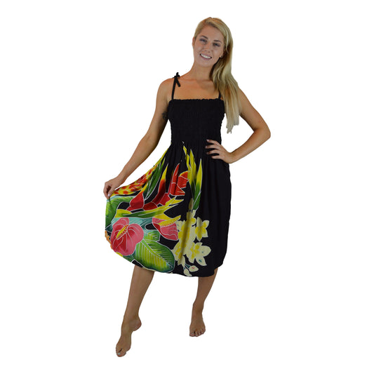 Elastic Smocked Dress - E3-122 - Black Tropical Bouquet