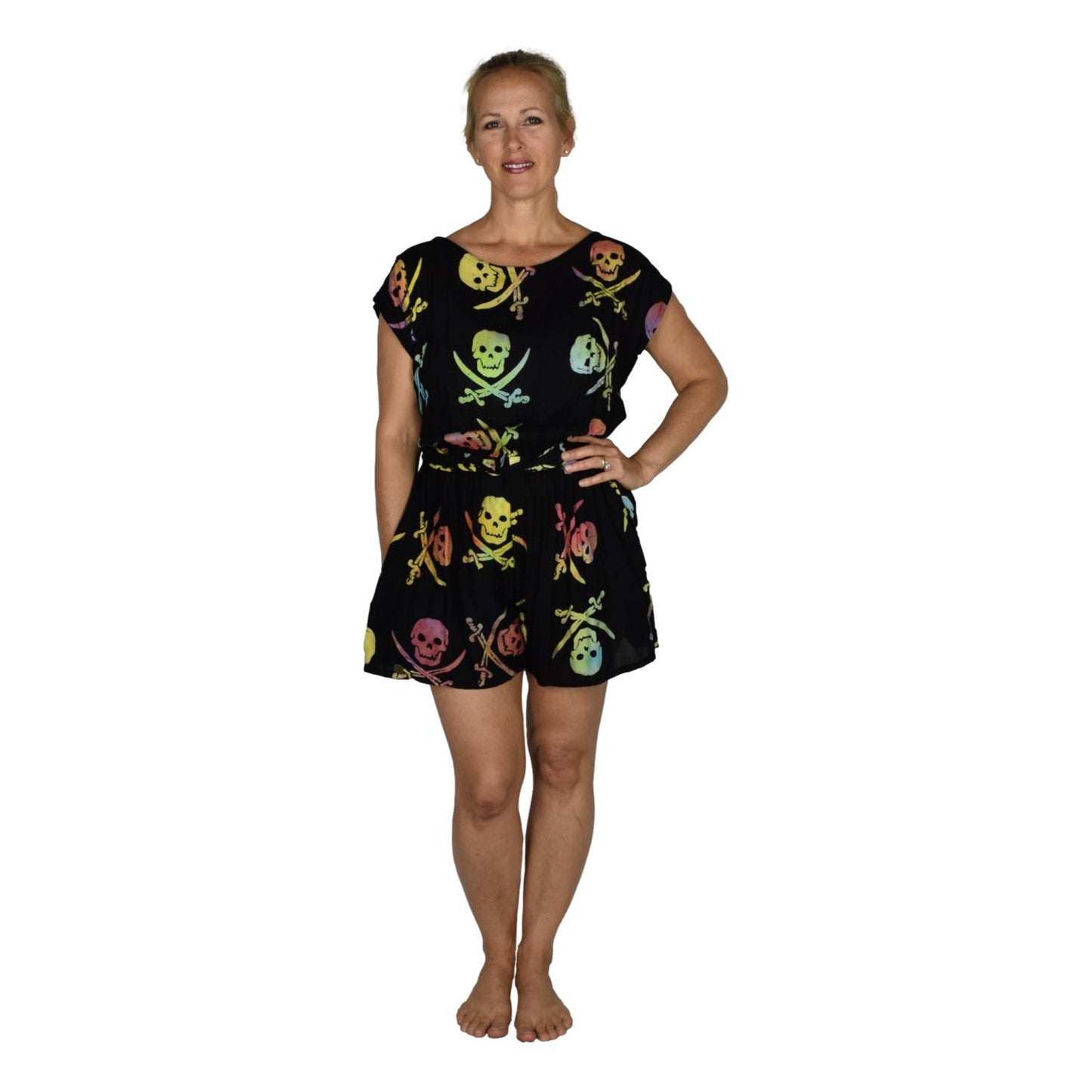 Reversible Romper E8-2971 - Black and Rainbow Pirate Print