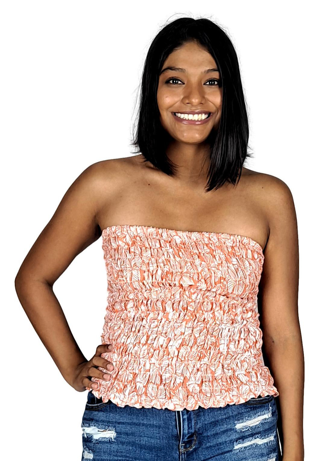 Elastic Tube Top - ETOP-4001 – Soft Orange and White Hibiscus Smocked Bandeau