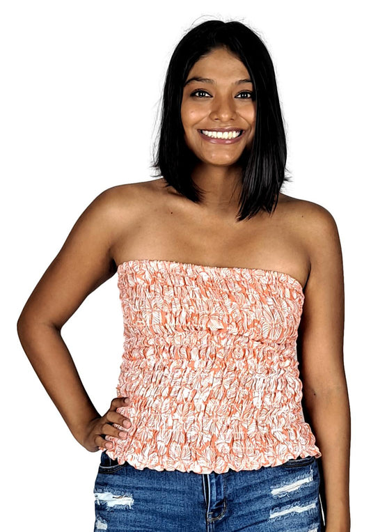 Elastic Tube Top - ETOP-4001 – Soft Orange and White Hibiscus Smocked Bandeau