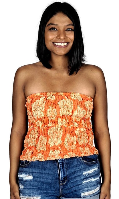 Elastic Tube Top - ETOP-4021 – Orange and White Hibiscus Smocked Bandeau
