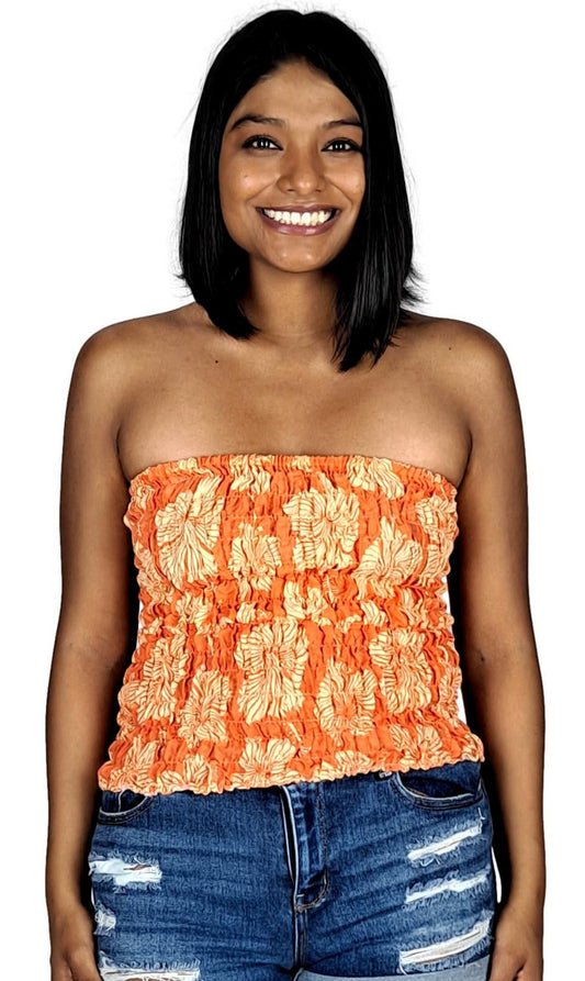 Elastic Tube Top - ETOP-4021 – Orange and White Hibiscus Smocked Bandeau