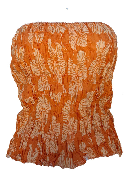 Elastic Tube Top - ETOP-4021 – Orange and White Hibiscus Smocked Bandeau