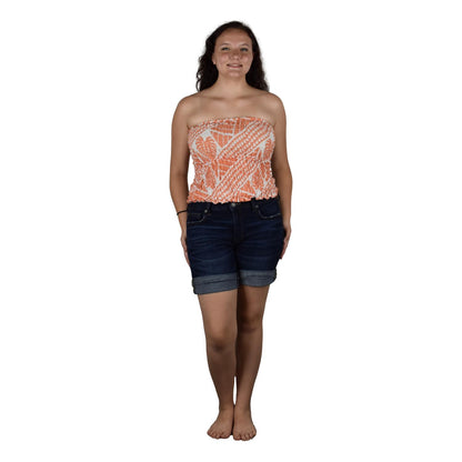 Elastic Tube Top - ETOP-4101 – Orange and White Hawaiian Print Smocked Bandeau