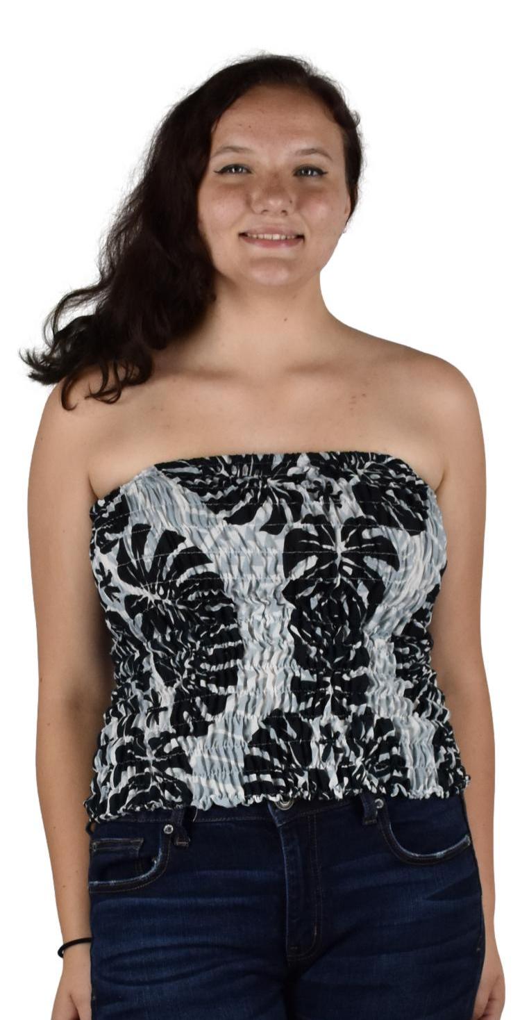 Elastic Tube Top - ETOP-4310– Gray and Black Monstera Smocked Bandeau