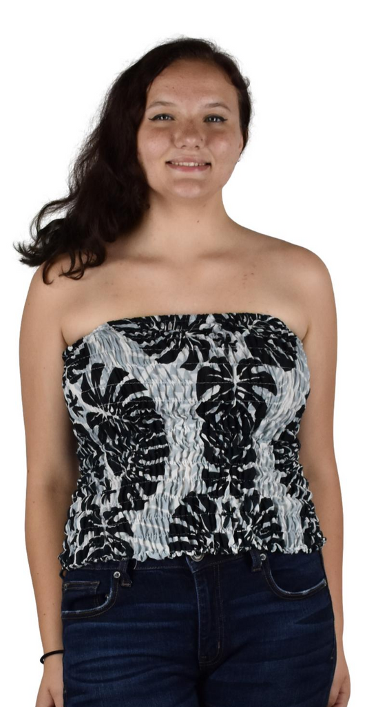 Elastic Tube Top - ETOP-4310– Gray and Black Monstera Smocked Bandeau