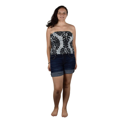 Elastic Tube Top - ETOP-4310– Gray and Black Monstera Smocked Bandeau