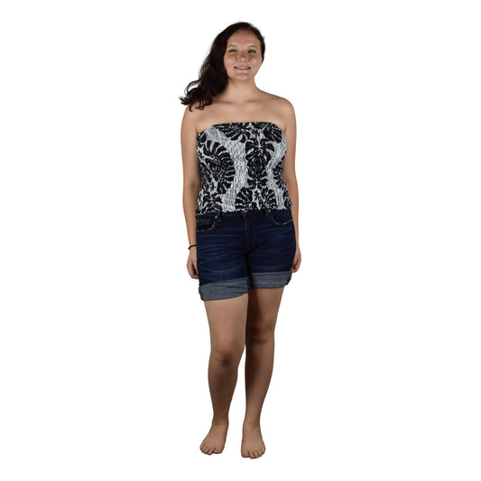Elastic Tube Top - ETOP-4310– Gray and Black Monstera Smocked Bandeau