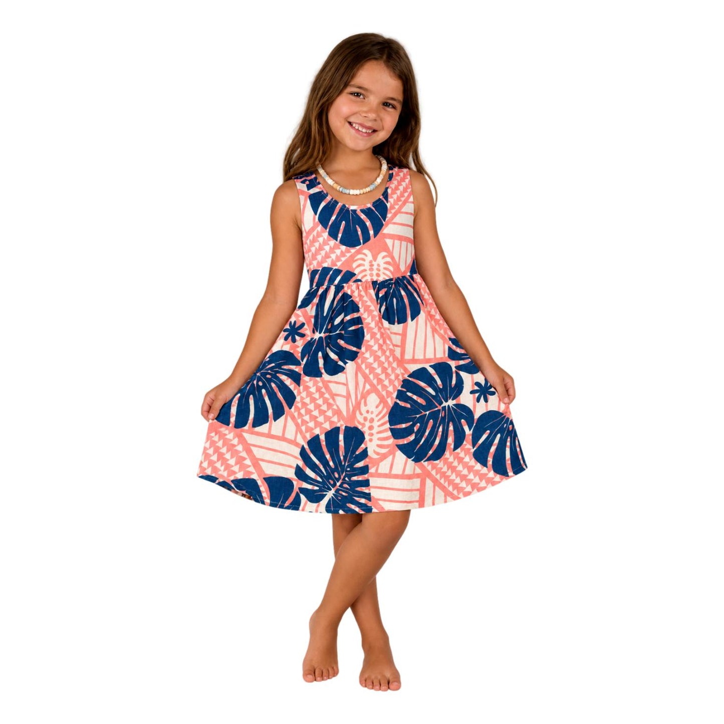 Girls Dress – GD-4321-L Pink and Navy Monstera, Large