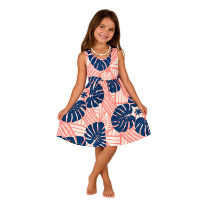 Girls Dress – GD-4321-L Pink and Navy Monstera, Large