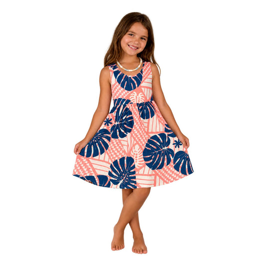 Girls Dress – GD-4321-L Pink and Navy Monstera, Large