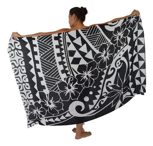 Sarong HWNH-10-F - Tribal Hibiscus Black & White