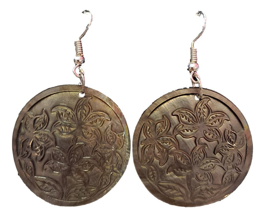 Shell Earrings – JE-MARY- Natural Dark MOP, Carved Flower