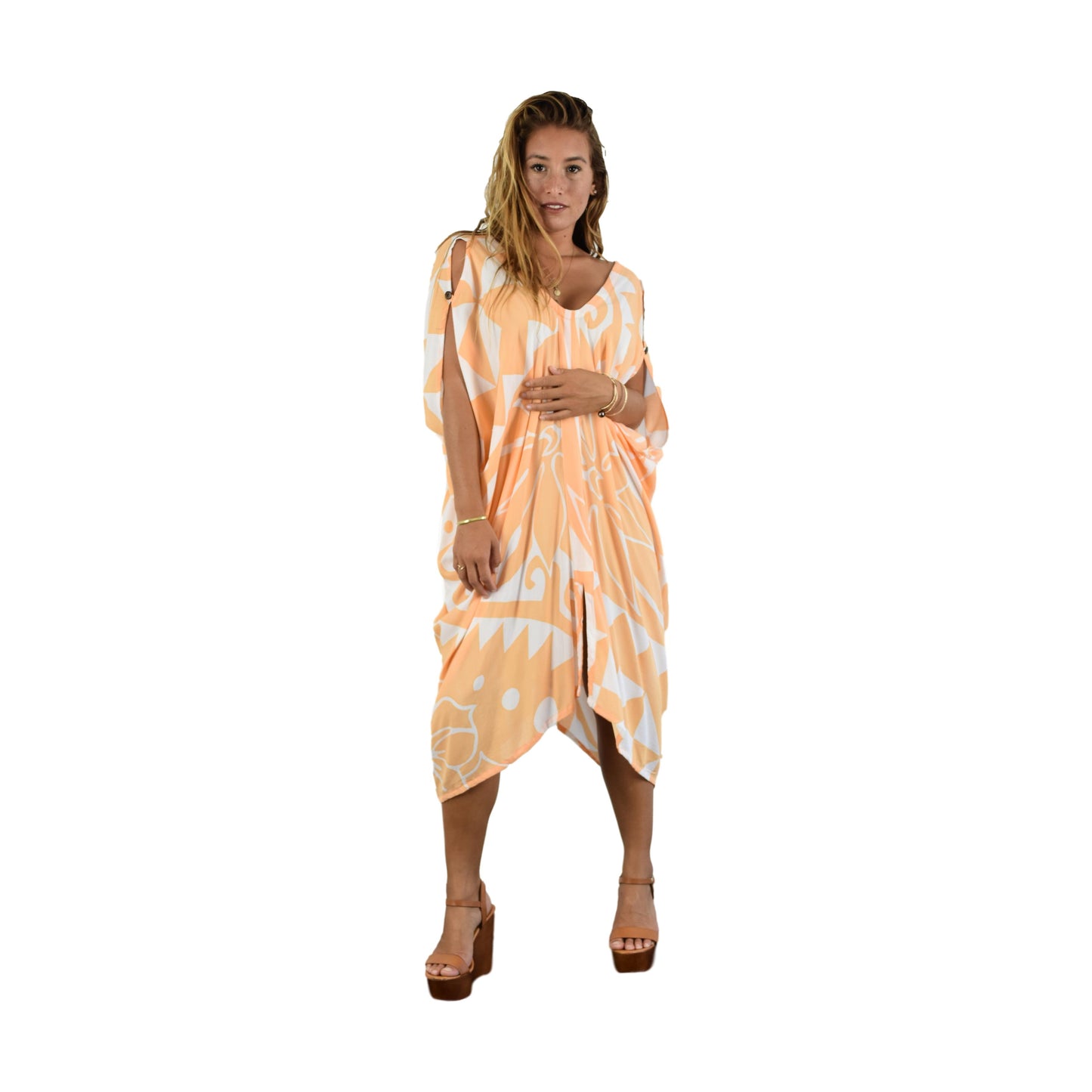 Makena Poncho - MP-2102 - Soft Orange Tribal Tropical Cover Up
