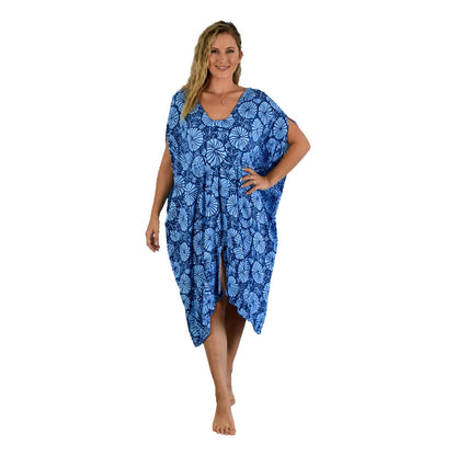 Makena Poncho - MP-4015 - Dark Blue and Light Blue Hibiscus Cover Up