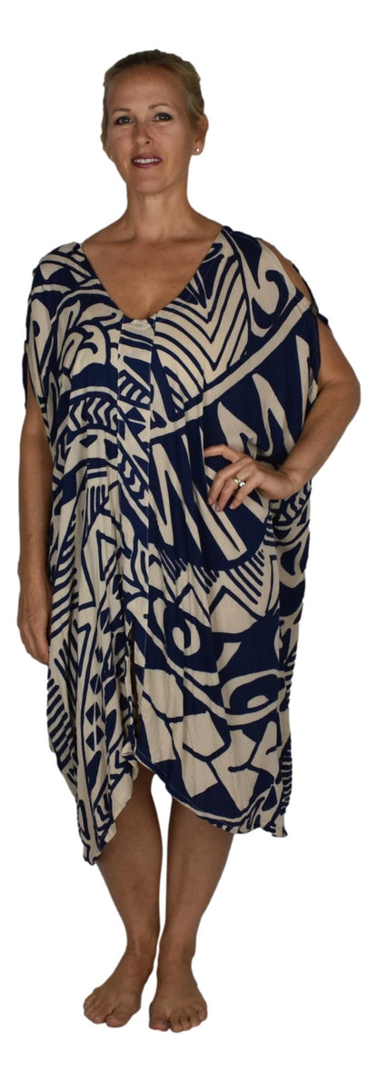 Makena Poncho - MP-4520 - Black and Beige Tribal Tropical Cover Up