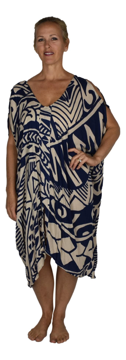 Makena Poncho - MP-4520 - Black and Beige Tribal Tropical Cover Up