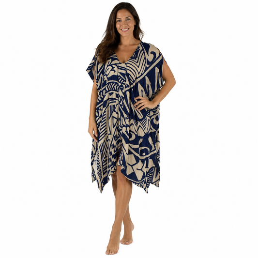 Makena Poncho - MP-4520 - Black and Beige Tribal Tropical Cover Up