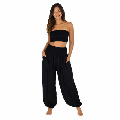 Pant Set - PNT-10 – Solid Black with Bandeau and Scrunchie, OS