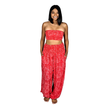 Pant Set - PNT-4011 - Red Hibiscus with Bandeau