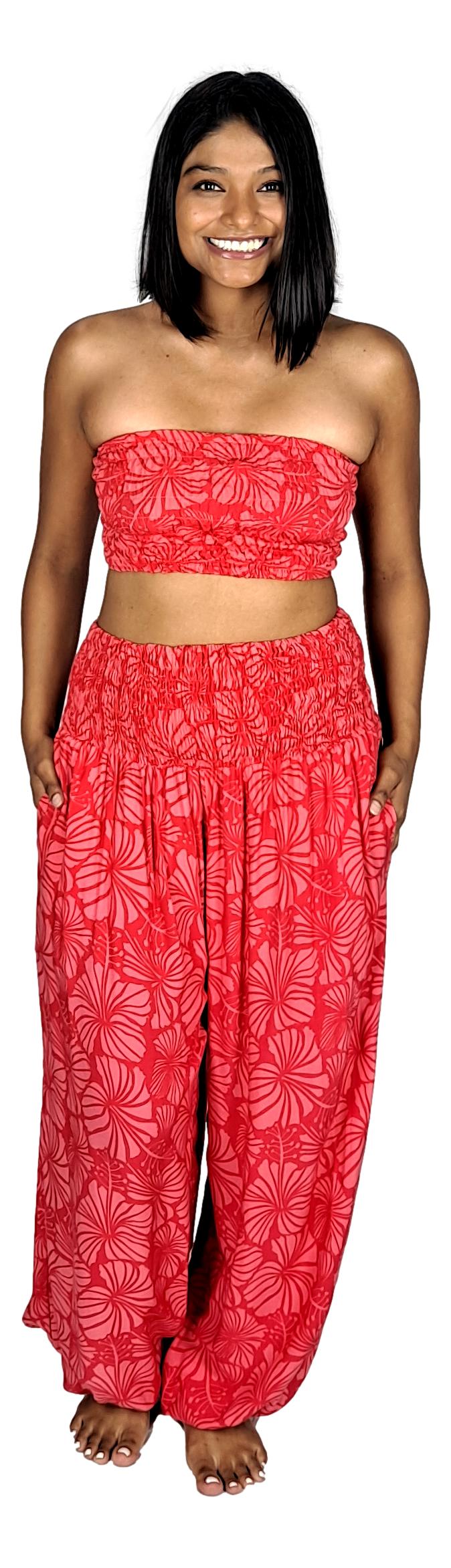 Pant Set - PNT-4011 - Red Hibiscus with Bandeau