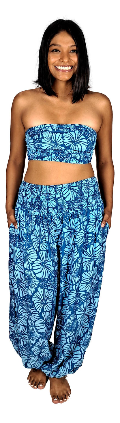 Pant Set - PNT-4015 - Blue Hibiscus with Bandeau