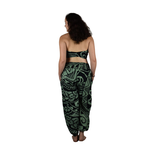 Pant Set - PNT-4525 - Black and Green Tribal with Bandeau and Scrunchie, OS