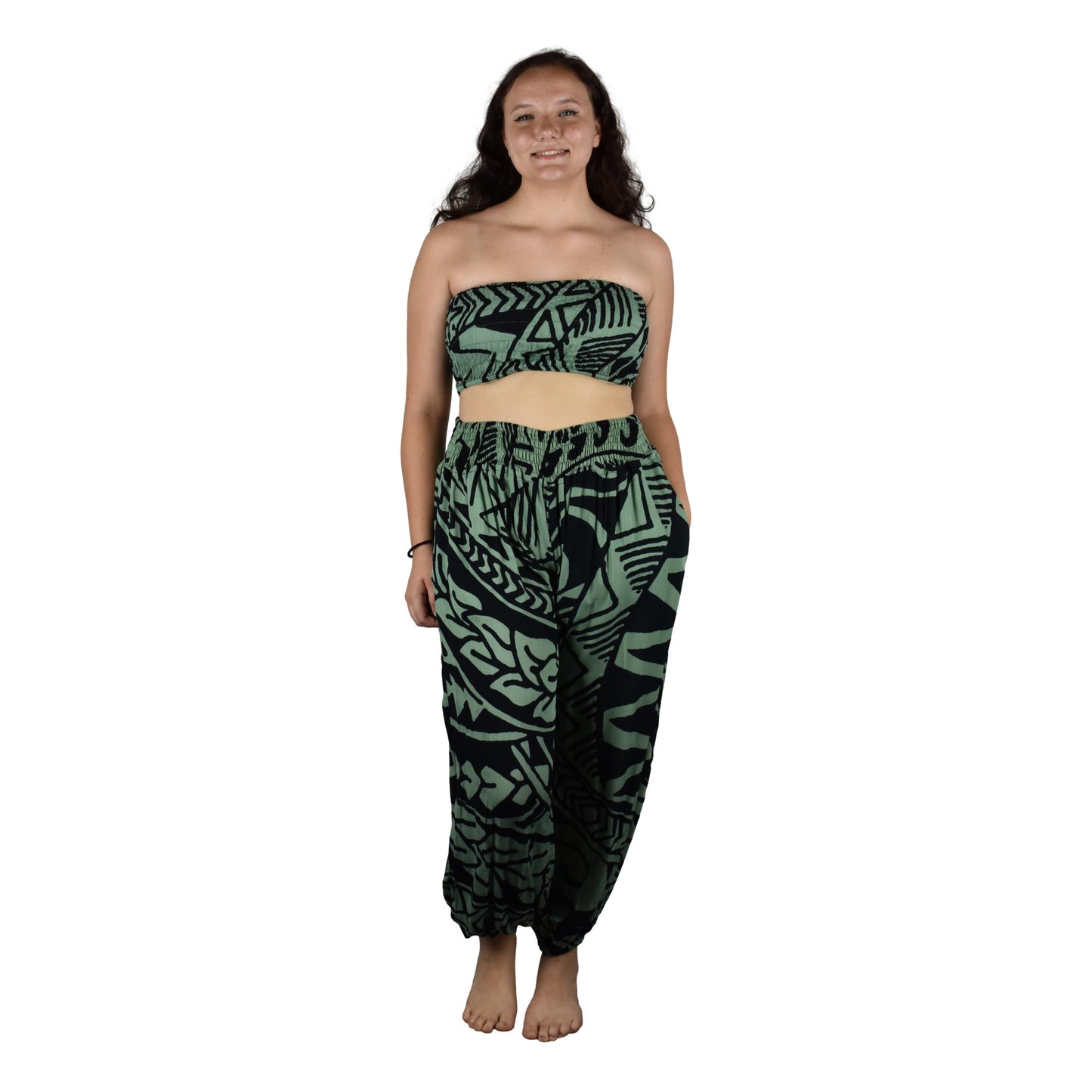 Pant Set - PNT-4525 - Black and Green Tribal with Bandeau and Scrunchie, OS