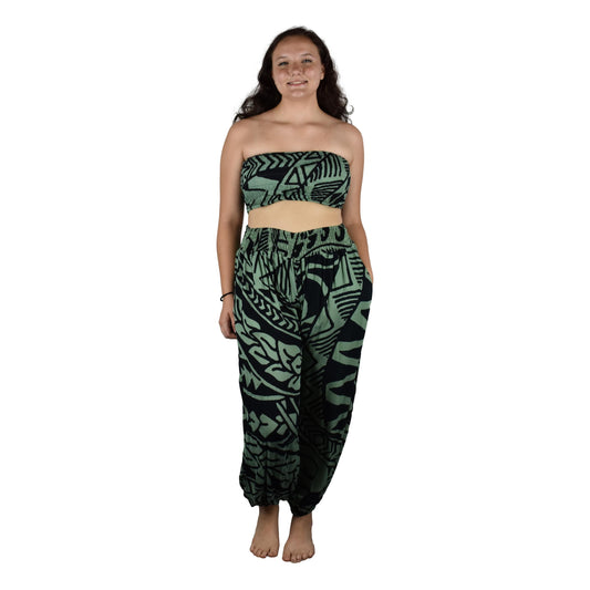 Pant Set - PNT-4525 - Black and Green Tribal with Bandeau and Scrunchie, OS