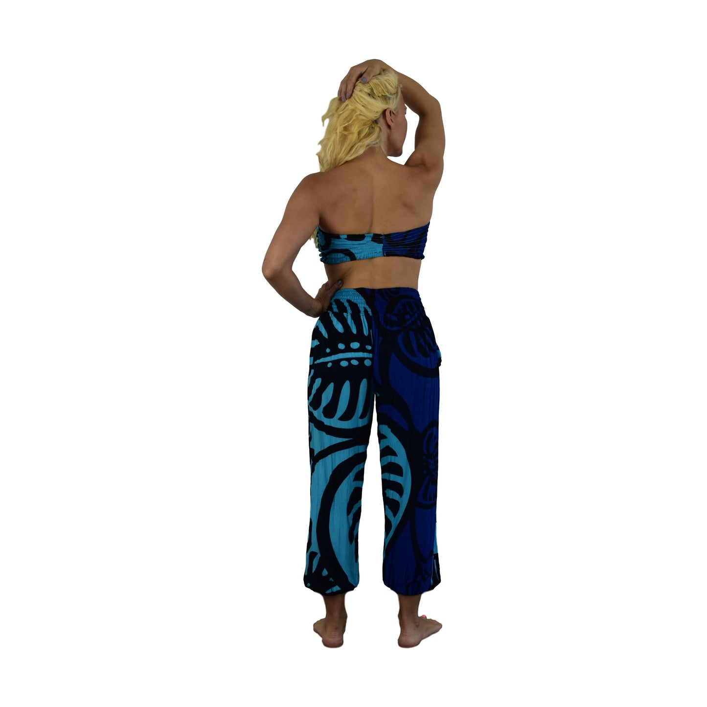 Pant Set - PNT-MON2-6 - Blue Monstera with Bandeau and Scrunchie, OS