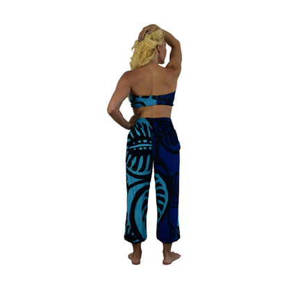 Pant Set - PNT-MON2-6 - Blue Monstera with Bandeau and Scrunchie, OS