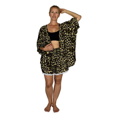 Short Kimono Top RCS-3519 - Animal Print Brown Leopard Wild One