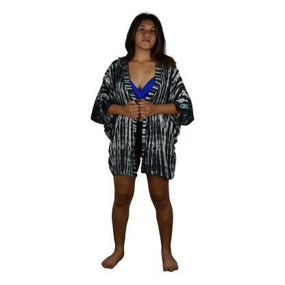 Short Kimono Top - RCS-919 - Black and Taupe Tie Dye