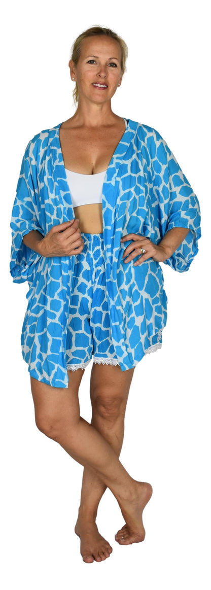 Short Kimono Top RCS-3506 - Animal Print Blue Giraffe Wild One