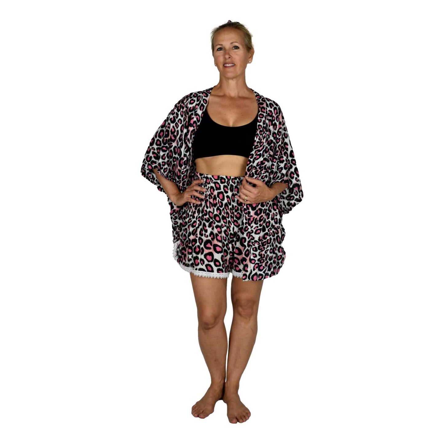 Short Kimono Top RCS-3512 - Animal Print Pink Leopard Wild One