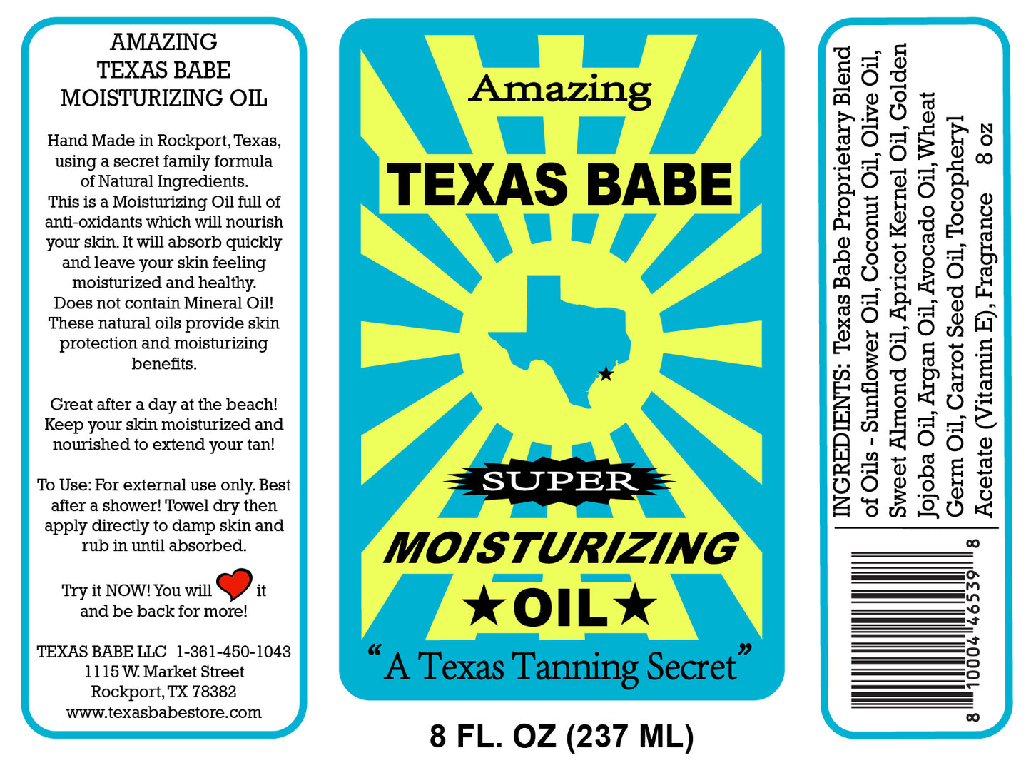 Texas Babe Super Moisturizing Oil – TXBABEMO-8 - Natural Body Oil, Mineral Oil Free, 8 oz