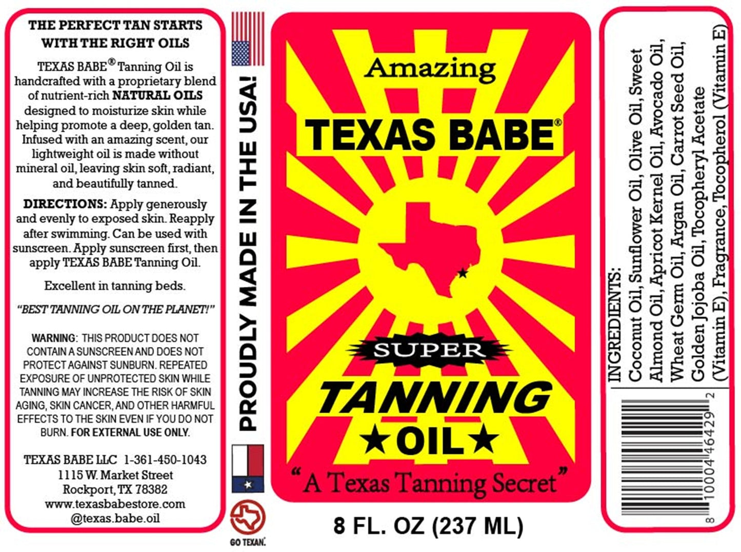 Texas Babe Super Tanning Oil – TXBABE-8 - Natural Plant Oils for a Deep Sun-Kissed Tan (8 oz)