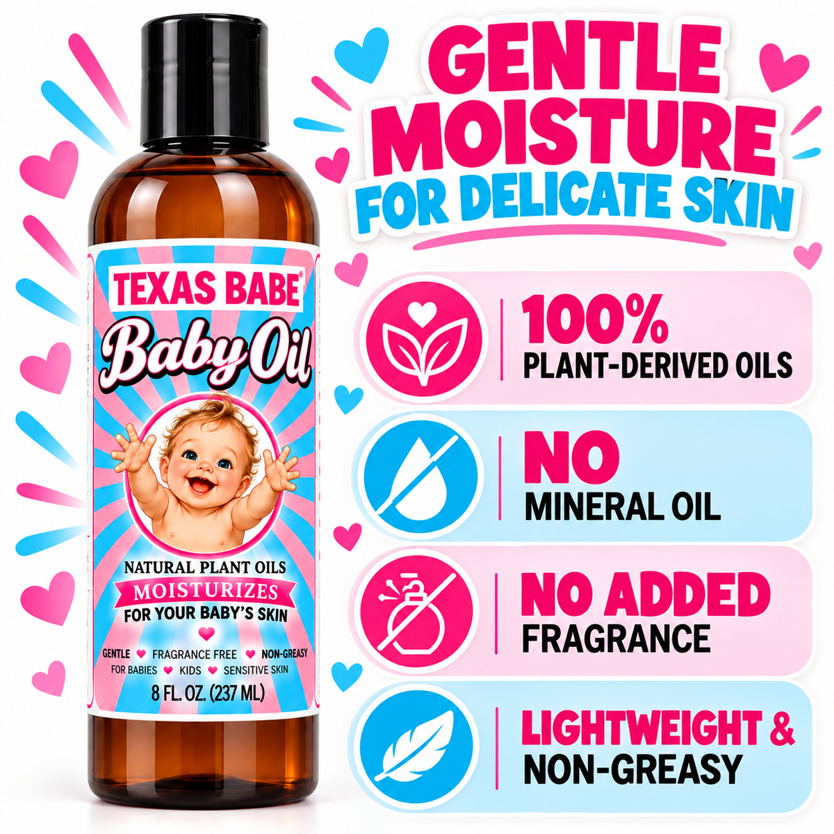 Texas Babe Baby Oil – Lavender | Gentle, Nourishing Plant-Based Skincare | 8 fl oz