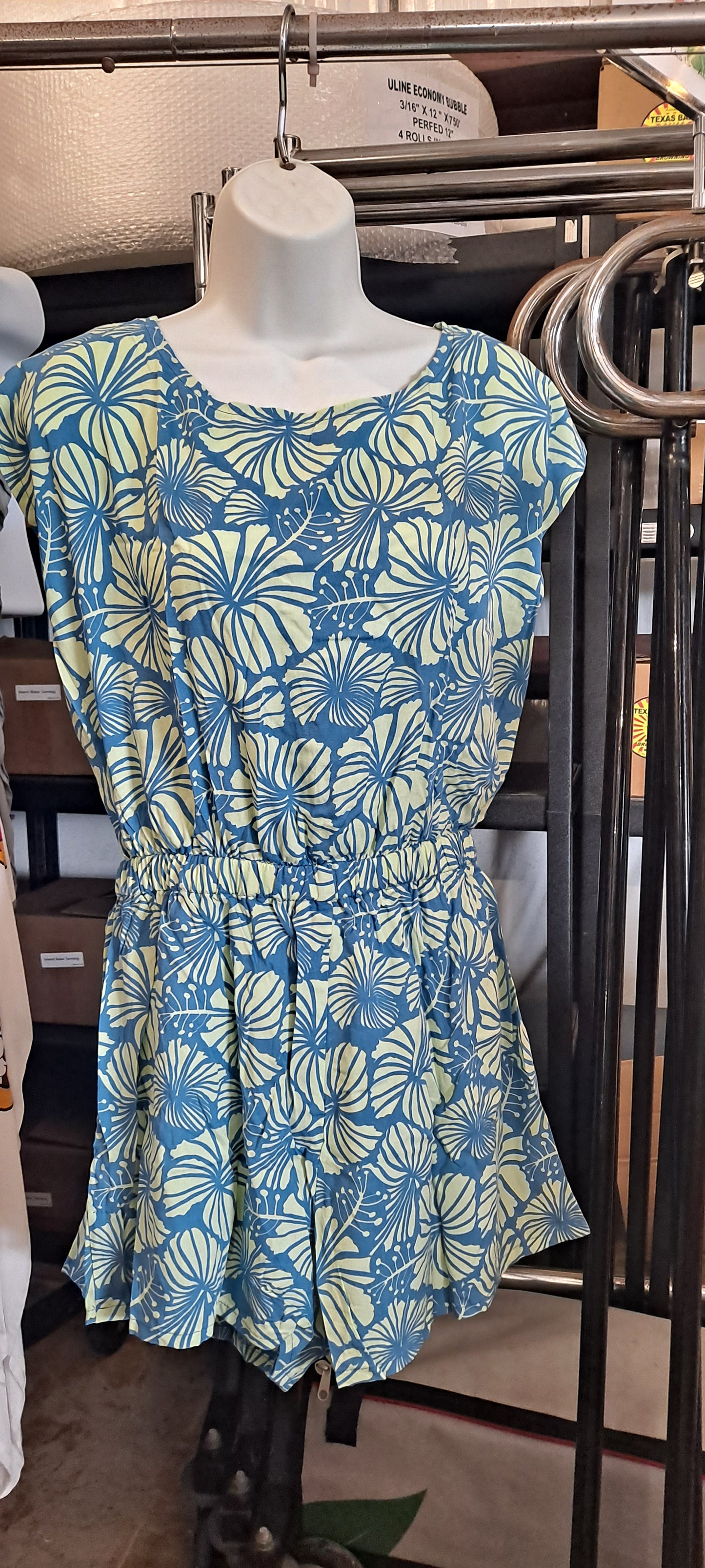 Reversible Romper E8-1506 - Blue and Green Hibiscus