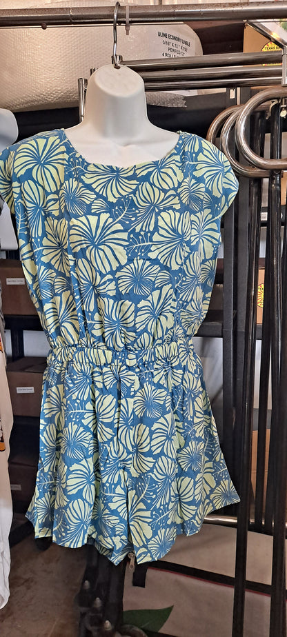 Reversible Romper E8-1506 - Blue and Green Hibiscus
