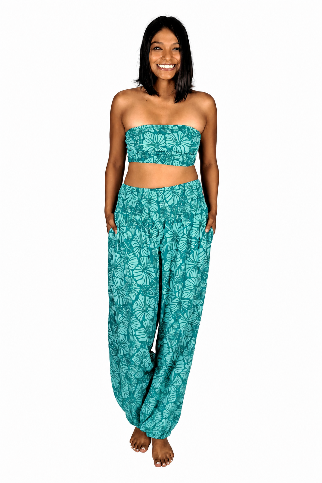 Pant Set - PNT-4014 - Teal Hibiscus with Bandeau