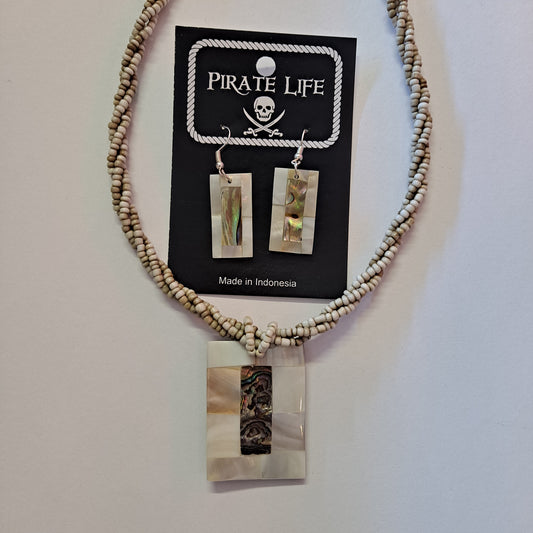 Shell Necklace – JN-AVA- Abalone and LT MOP Rectangle Pendant on Beige Bead