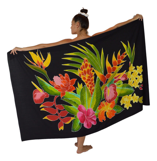 Sarong B-122-F - Batik- Tropical Bouquet Black