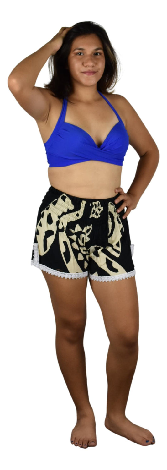 Beach Babe Shorts BBS-2020-S/M Black and Beige Hawaiian Turtle