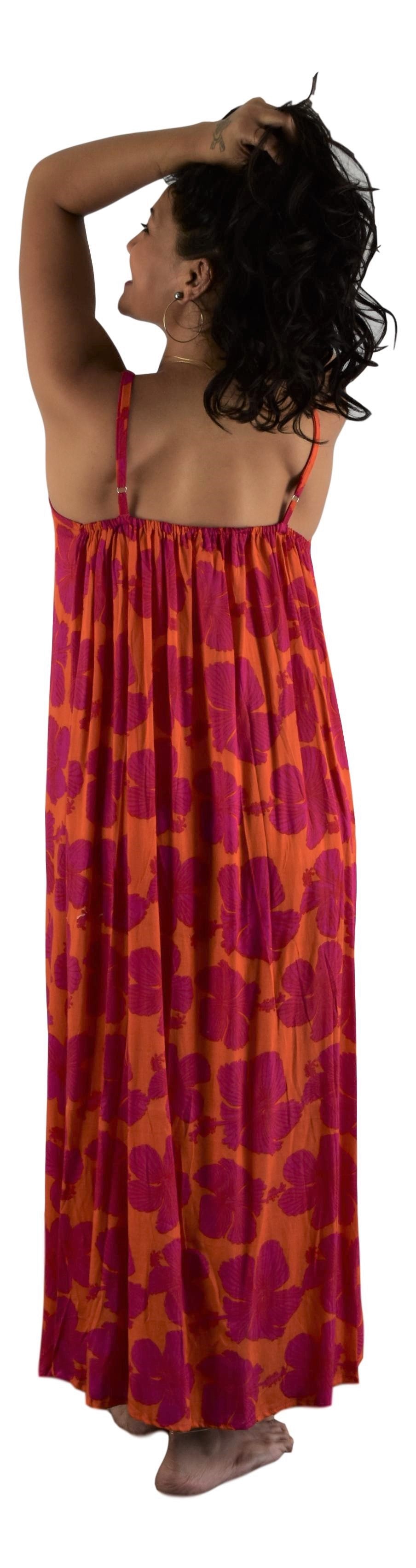 Bali Dress Long - BD-1501-L - Orange and Red Hibiscus