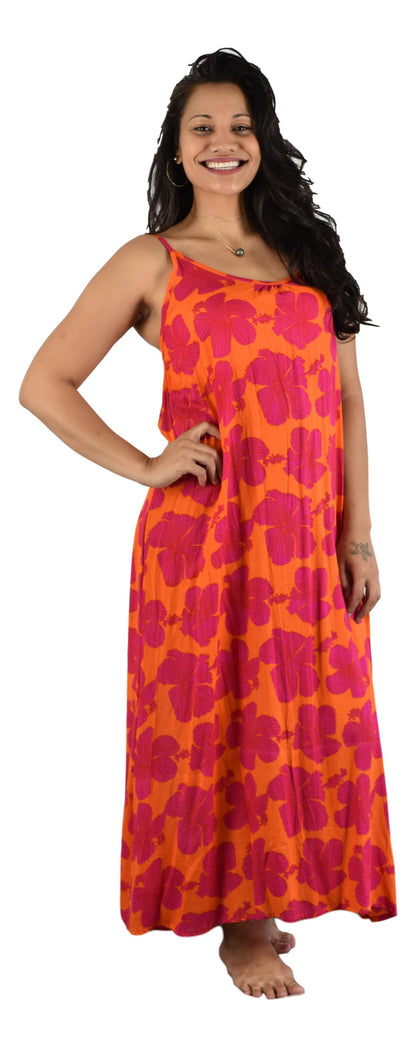 Bali Dress Long - BD-1501-L - Orange and Red Hibiscus