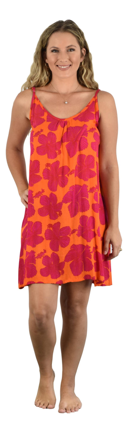 Bali Dress Short - BD-1501-S - Red Hibiscus on Orange