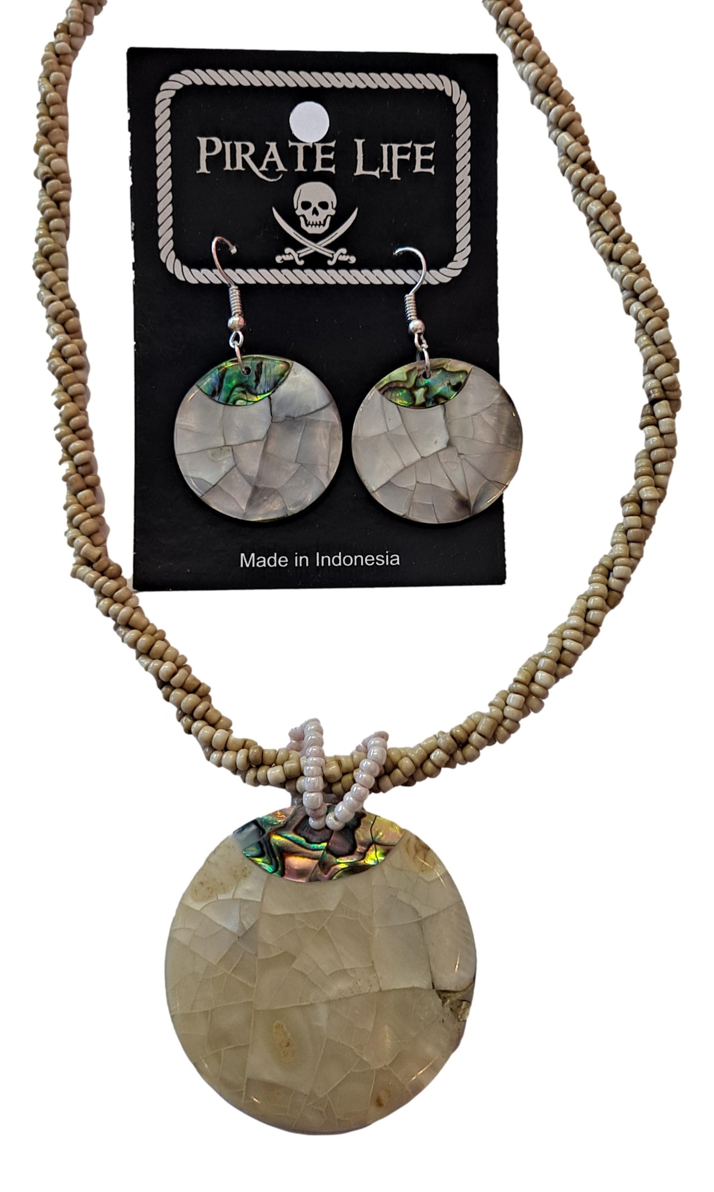 Shell Necklace – JN-CHLOE - Abalone MOP LT Round Pendant on Beige Bead